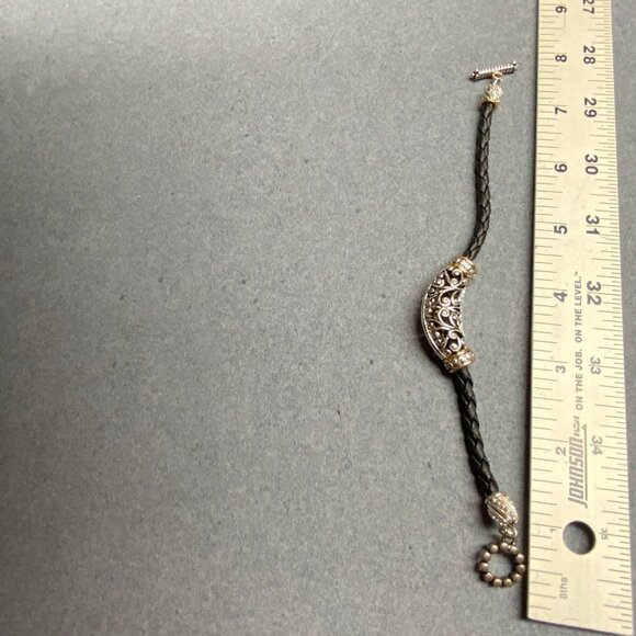 Retro Filigree Slider Bracelet 7.5 In Silver Braided Black Leather Toggle BoHo - Picture 5 of 5